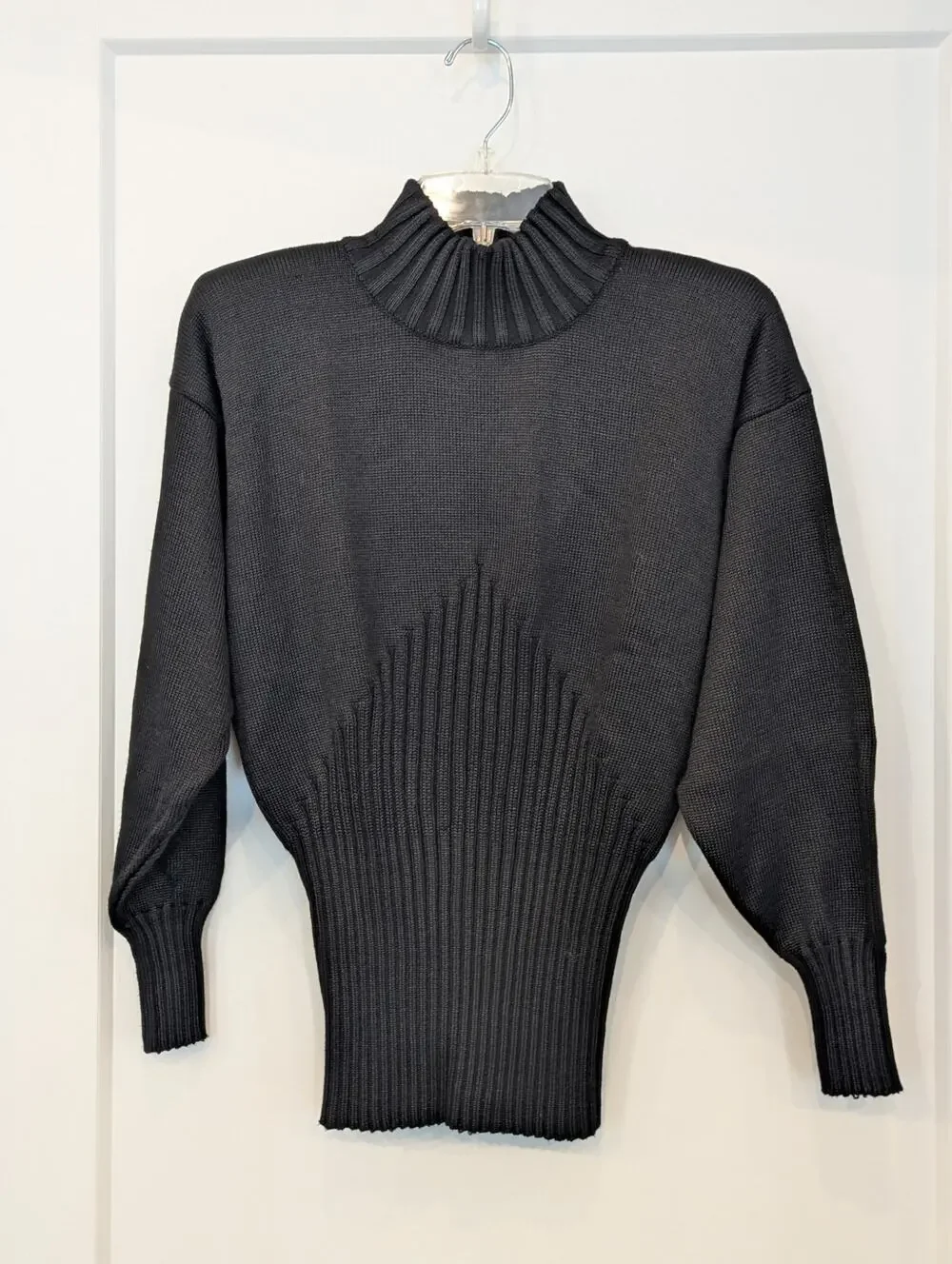 Vtg FIA Italia Handloom Black Sweater S Mock Neck Ribbed Corset Waist